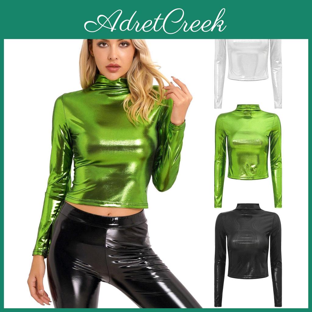 Tshirt Womens Metallic Sleeve Long Fashion Shiny Top Slim Fit Mock Neck Tops Cocktail Dancing Party Club Music Festival Costume