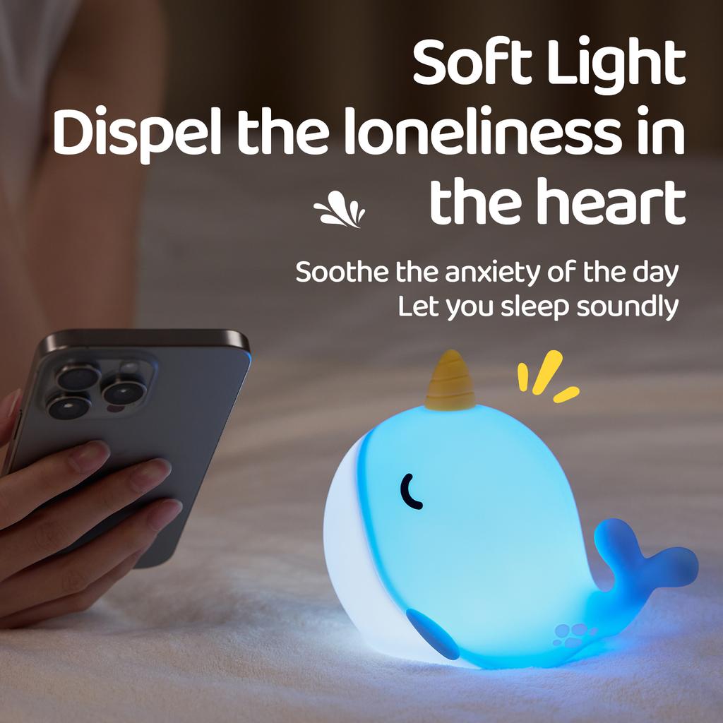 Novelty Narwhal Night Light Silicone Whale Nursery Lamp with 3 Dimming Levels Timing Touch Control Nightlight for Bedroom Decor