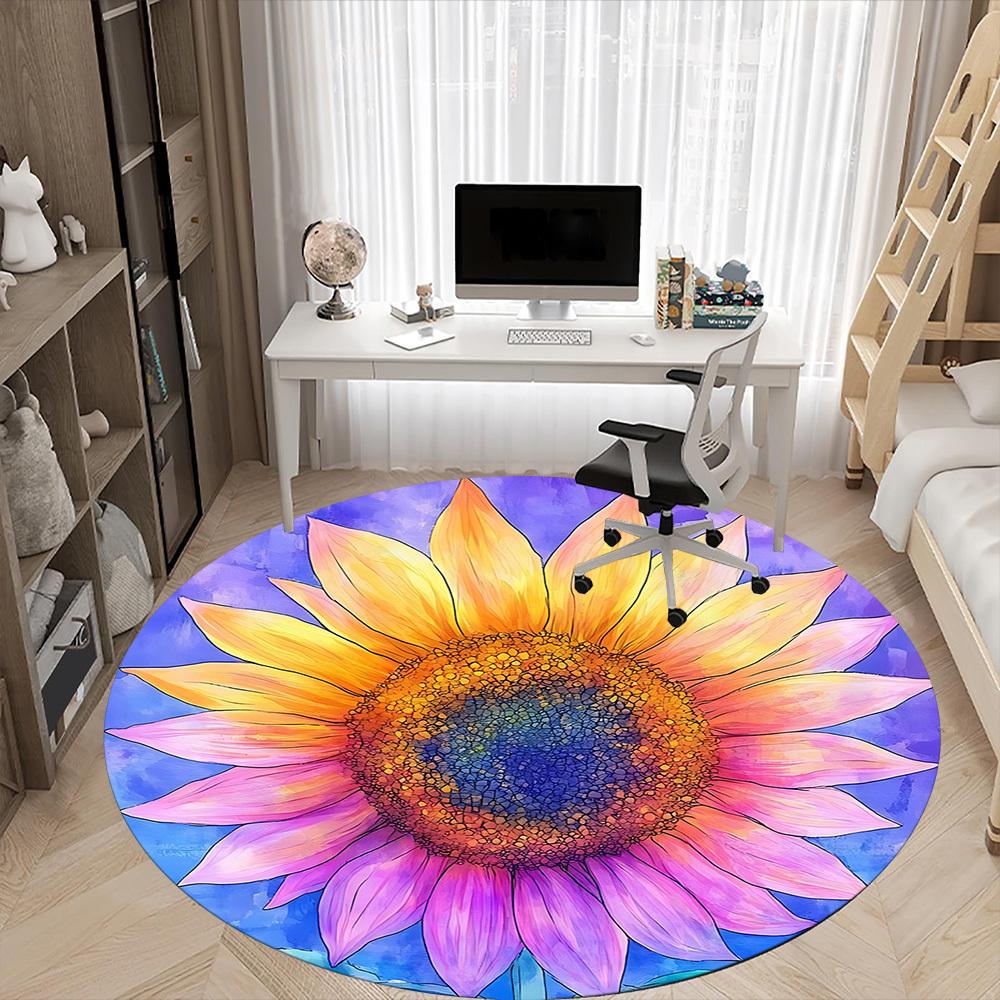1pc Sunflower Bloom Office Round Area Rug, Indoor Mat Suitable ForOffice, Under Office Chairs Bedroom Living Room Home Decor D016