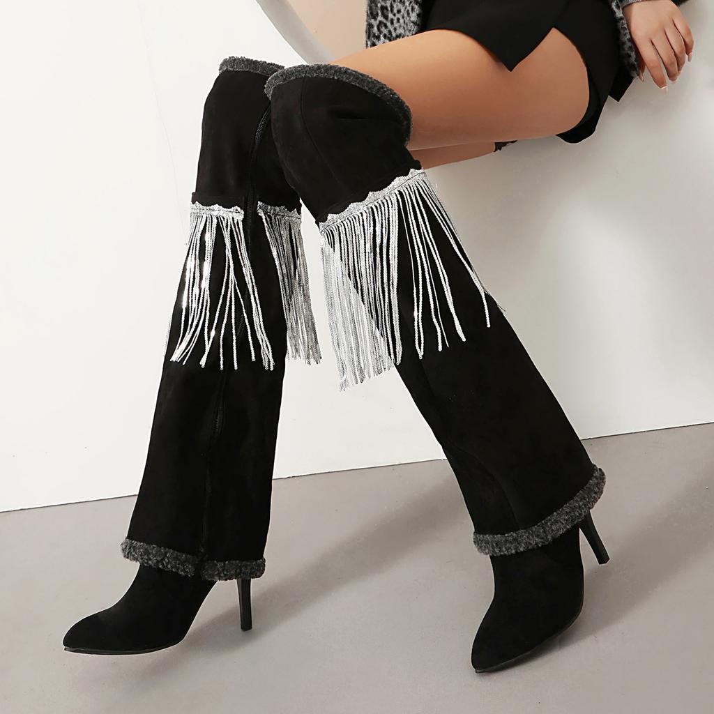 Britische Wildleder Over-Knee Stiefel Mode Stiletto Stiefel Fransenstiefel Hosenrohrstiefel 40-45 Große Größen Stiefel