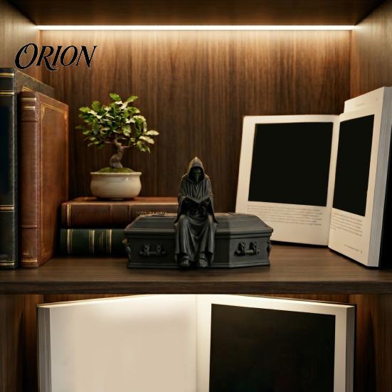 Gothic Home Decor 3D Printed Reading Skeleton Figurine, Hooded Reader Statue, Matte Black Ornaments Spooky Desktop Ornament for Office Bookshelf