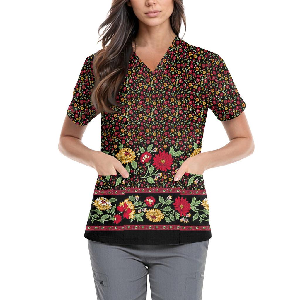 Süße bedruckte Arbeitskleidung für Damen, V-Ausschnitt, doppellagige Taschen, Basic, kurzärmeliges Oberteil, Pullover, Valentinstag