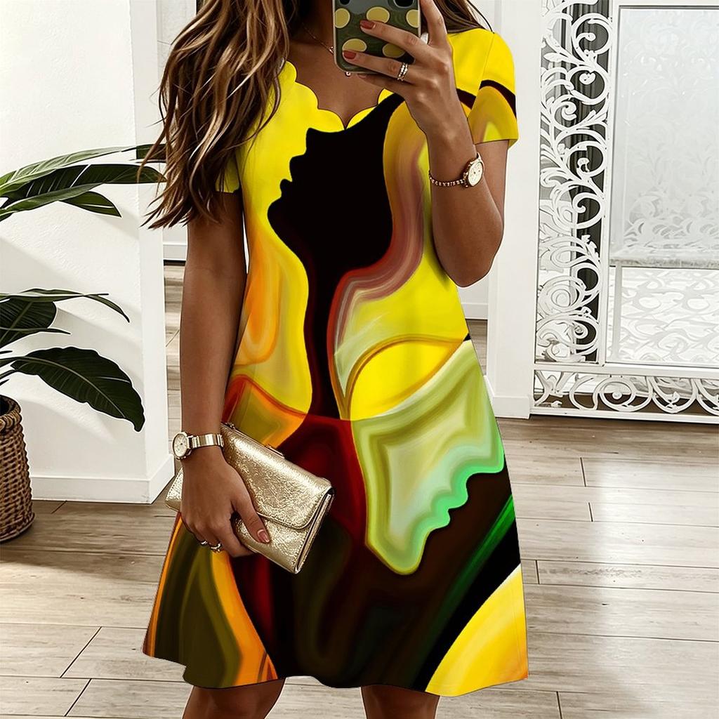 Ladies V Neck Elegant Lotus Floral Printed Plus Size Summer Short Sleeve Gown