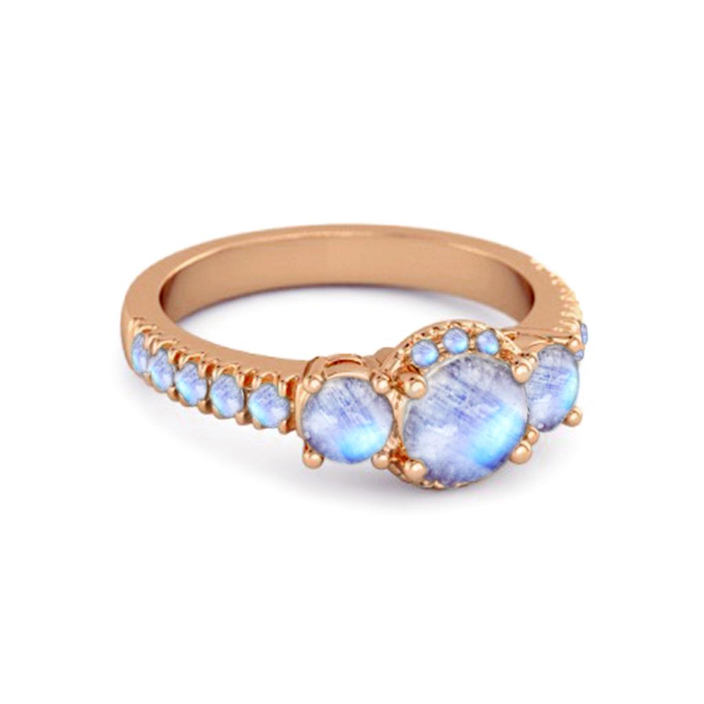Moonstone Three-Stone Halo Pave Band Ring -925 Sterling Silver Rose Gold Vermeil