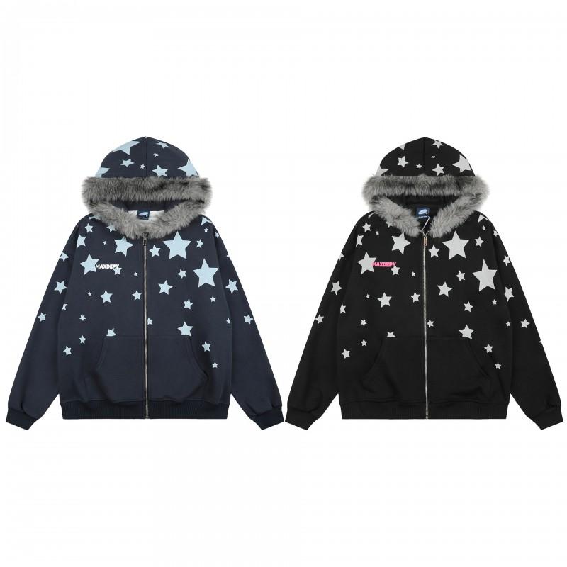Felpa Unisex Vintage Americana Retro con Stelle con Cappuccio e Zip con Bordatura in Pelliccia Sintetica Vestibilità Larga