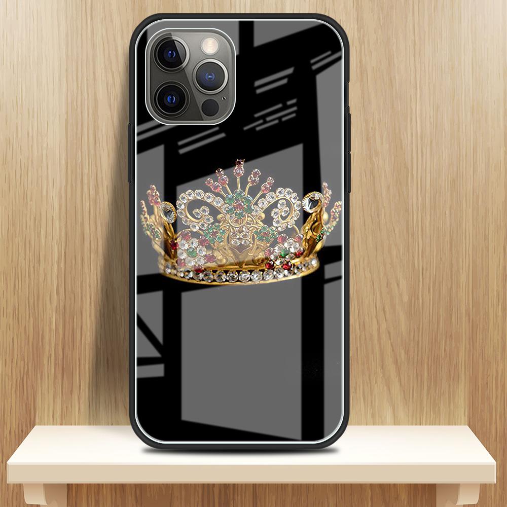 Diamond Crown Printing Glass Case For iPhone 11 13 12 14 Pro XR X XS Max 7 8 6 6S Plus SE 2020 Tempered Black Edge Phone Covers