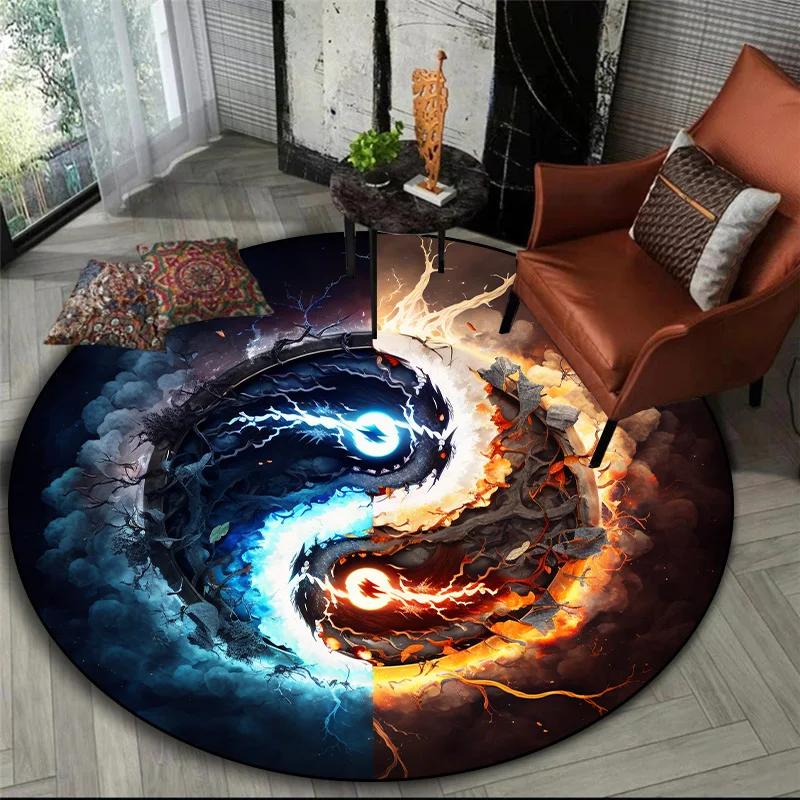 Mytická zvířata kulatý koberec – tygr, drak, lev se stromem života, fantasy koberec do obývacího pokoje, ložnice nebo meditačního prostoru