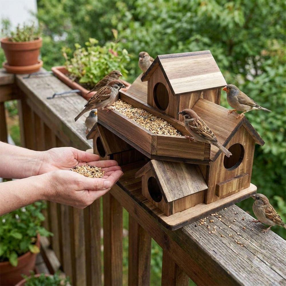 Rustic Handmade Wooden Bird House Weather Resistant Waterproof Bird Villa Nest Thickened 3 Chambers Bird Breeding Box Courtyard