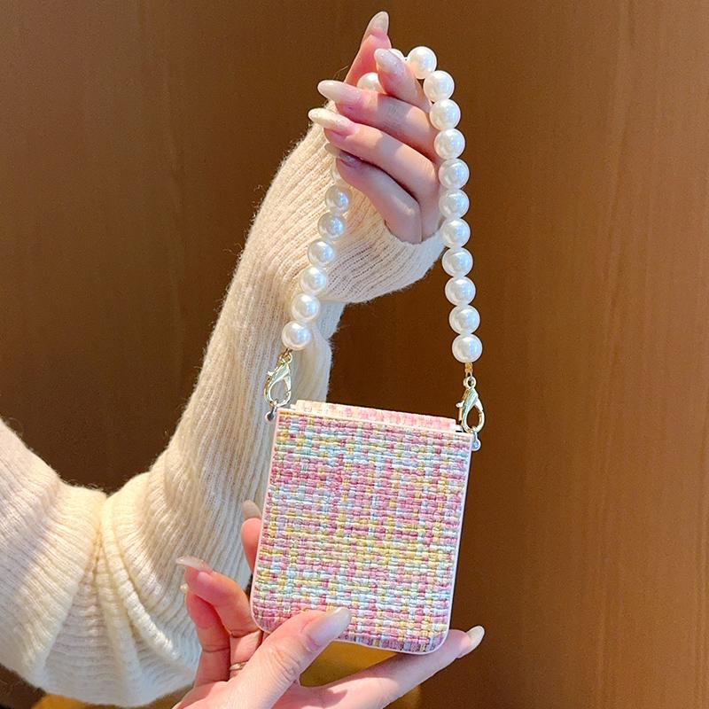 For Samsung Galaxy Z Flip 7 6 Colorful Woven Texture with Pearl Necklace Drop Anti Fingerprint Phone Case