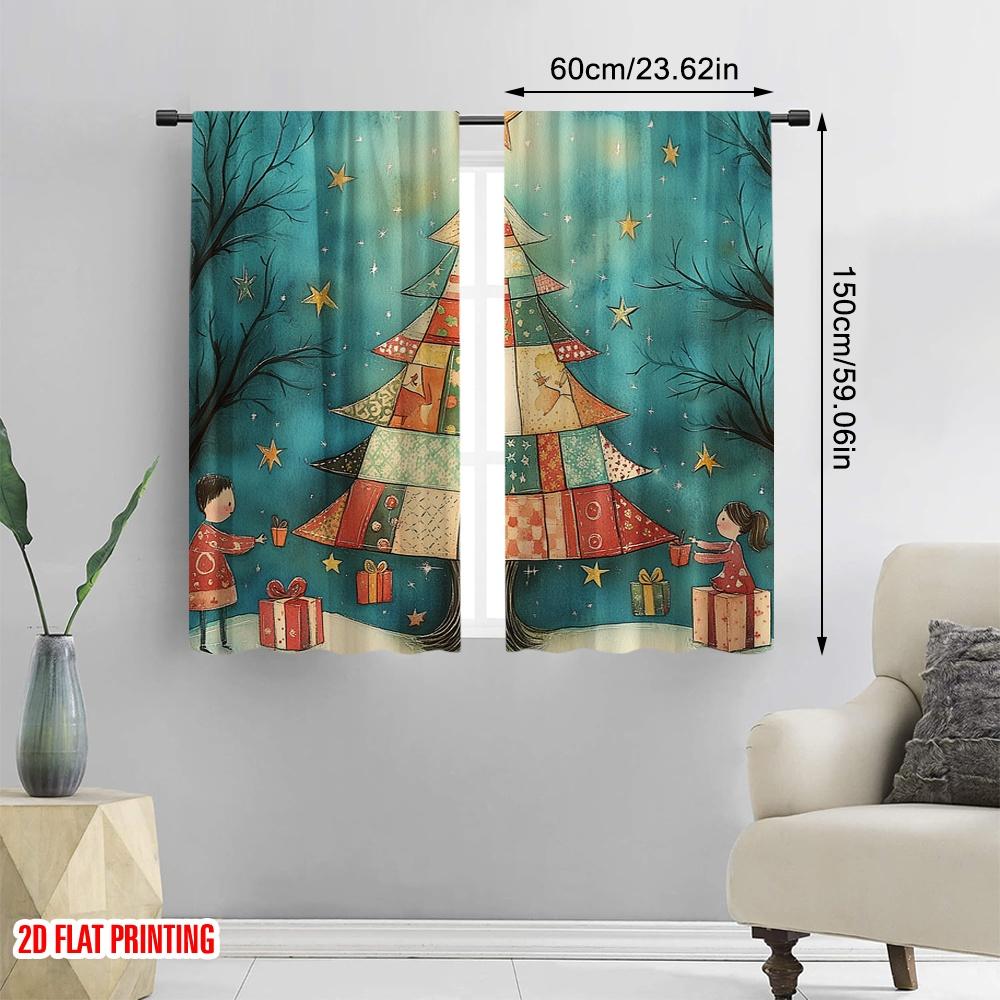 2pcs  2D plane printing Curtains&Window Treatment Christmas Tree Stars Gift Polyester Easy Install (without rod) Room Decor Use