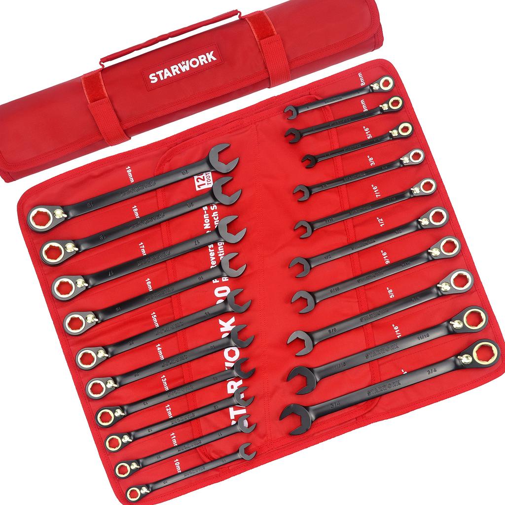STARWORK TRUE Ratchet Wrench 120T Head Gear XL Ratchet Wrench Set with Storage Bag 20-Piece MECHANIC™ Dual-purpose Non-Slip (SAE/Metric)