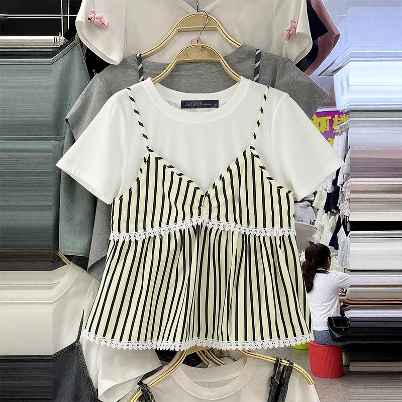 ZANZEA Women Casual Round Neck Stripe Patchwork Summer Short Sleeve T-Shirts