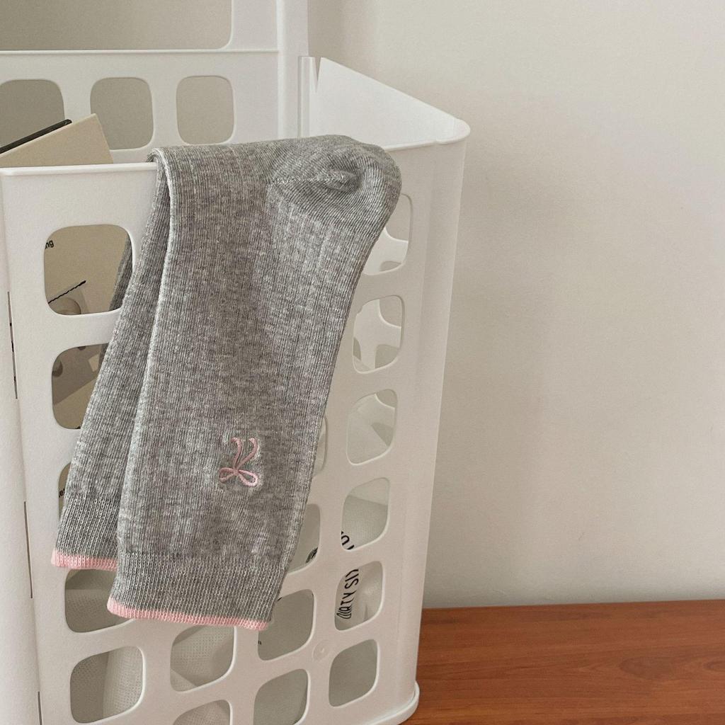 Gray-Blue Striped Embroidered Bow Socks for Women – Korean Ballet Style, Trendy All-Match Socks