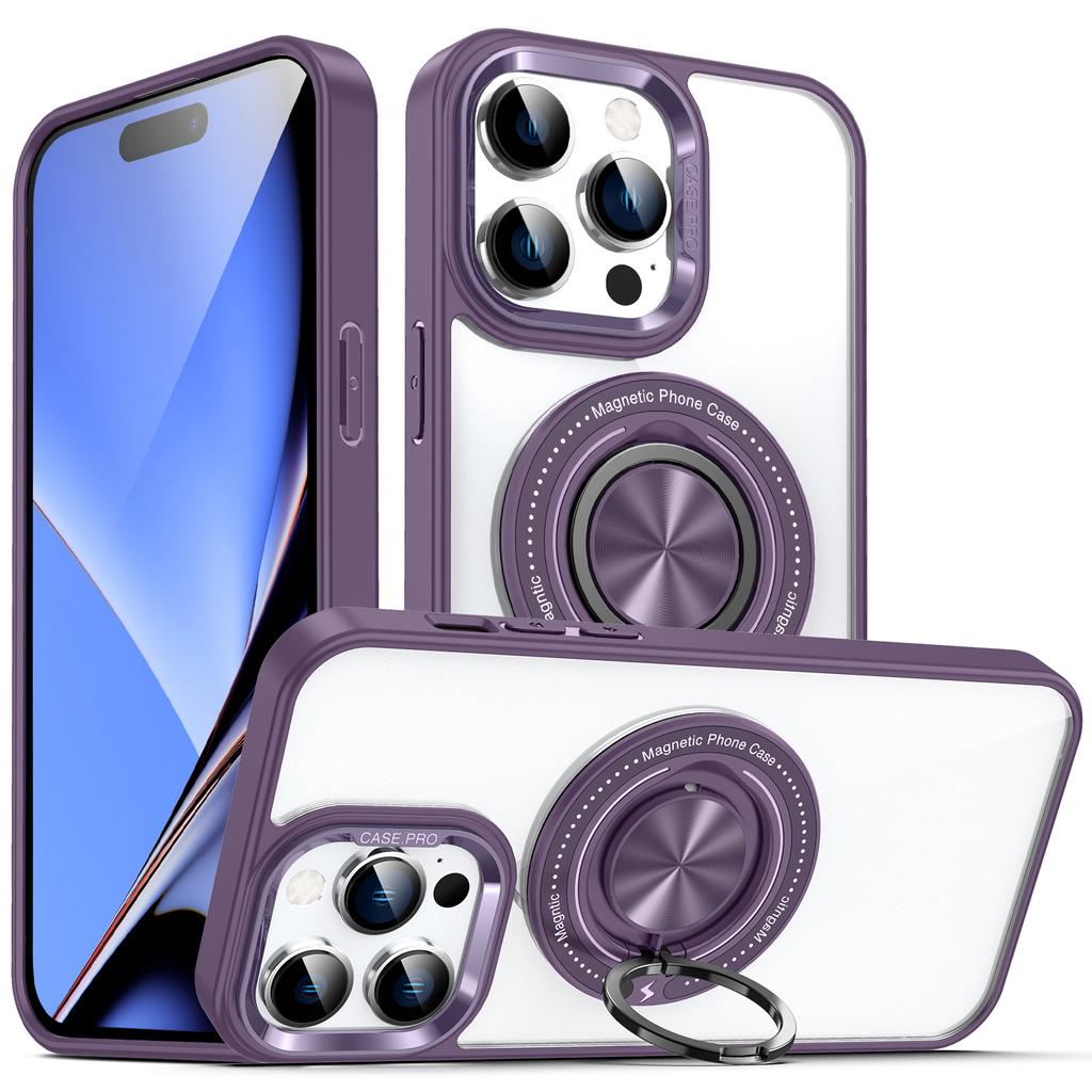 For iPhone 15 Pro Max PC+TPU+Acrylic Phone Case Ring Kickstand Transparent Cover Compatible with MagSafe