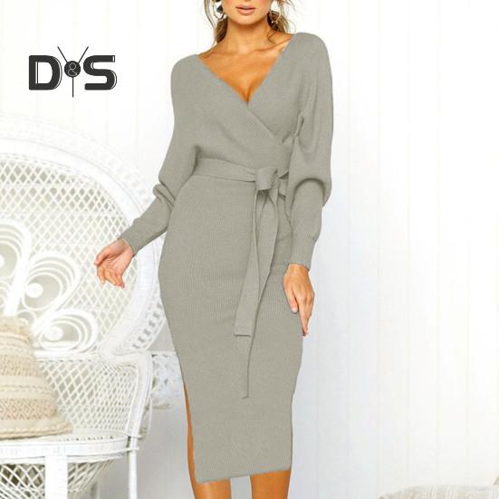 Women Fall Winter Dress V Neck Lace Up Belted Tight Waist Solid Color Knitted Elastic Mid Calf Length Long Sleeve Slim Fit Lady Commute Dress