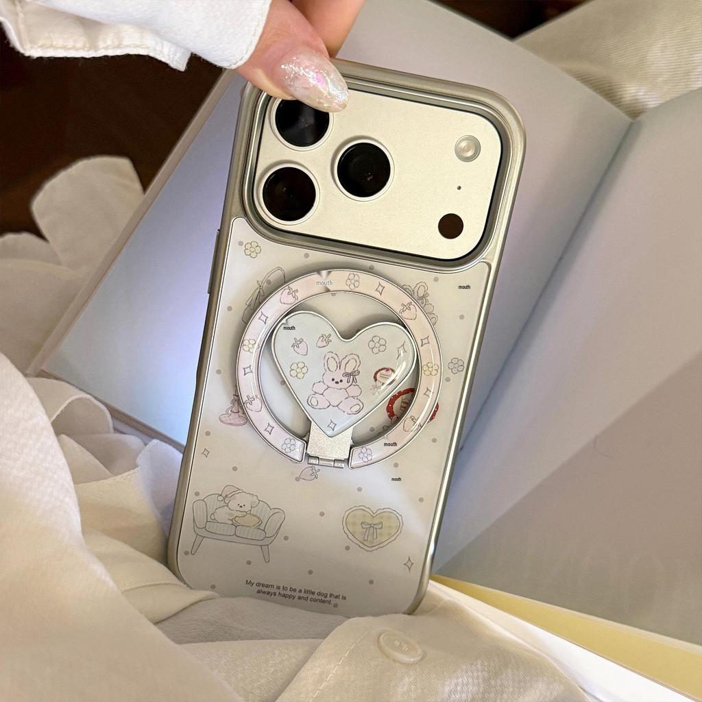 Creative Cartoon Case for iPhone 16/15/13 Pro Max: Magnetic Bracket, Electroplated, Korean Design