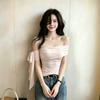 Pure Desire Sexy One-word Shoulder Streamer Strap T-shirt Women's Summer New Spice Girl Slim and Thin Short Pink Top