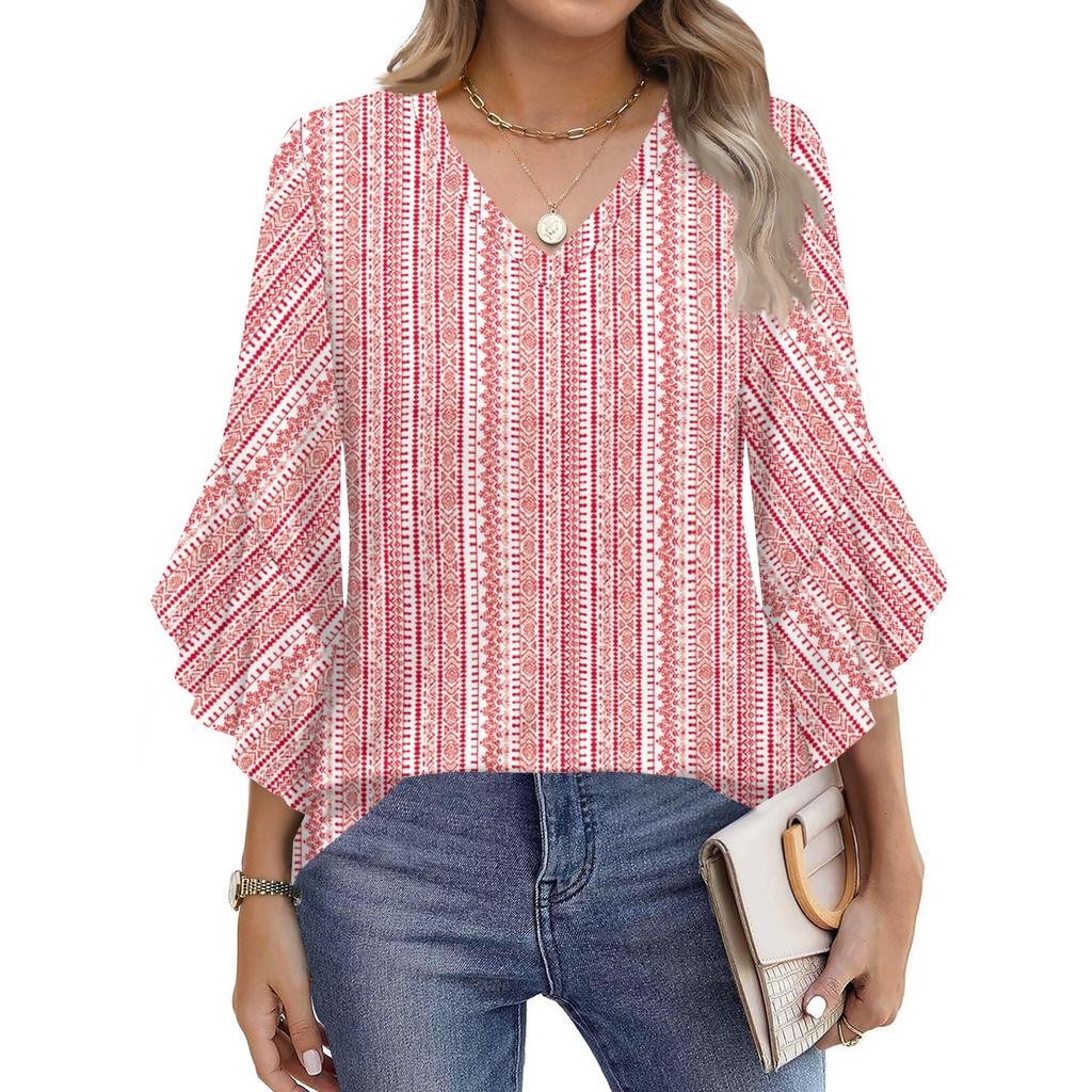 Blouses For Women Dressy Casual 3/4 Length Sleeve Womens Tops V Neck Tshirts Shirts With Flared Sleeve