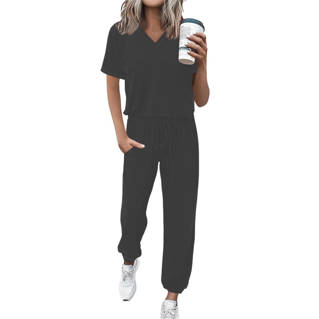 Women's Jogging Fashion V-Neck Color Short Sleeve Belt Loose Pants Tracksuit