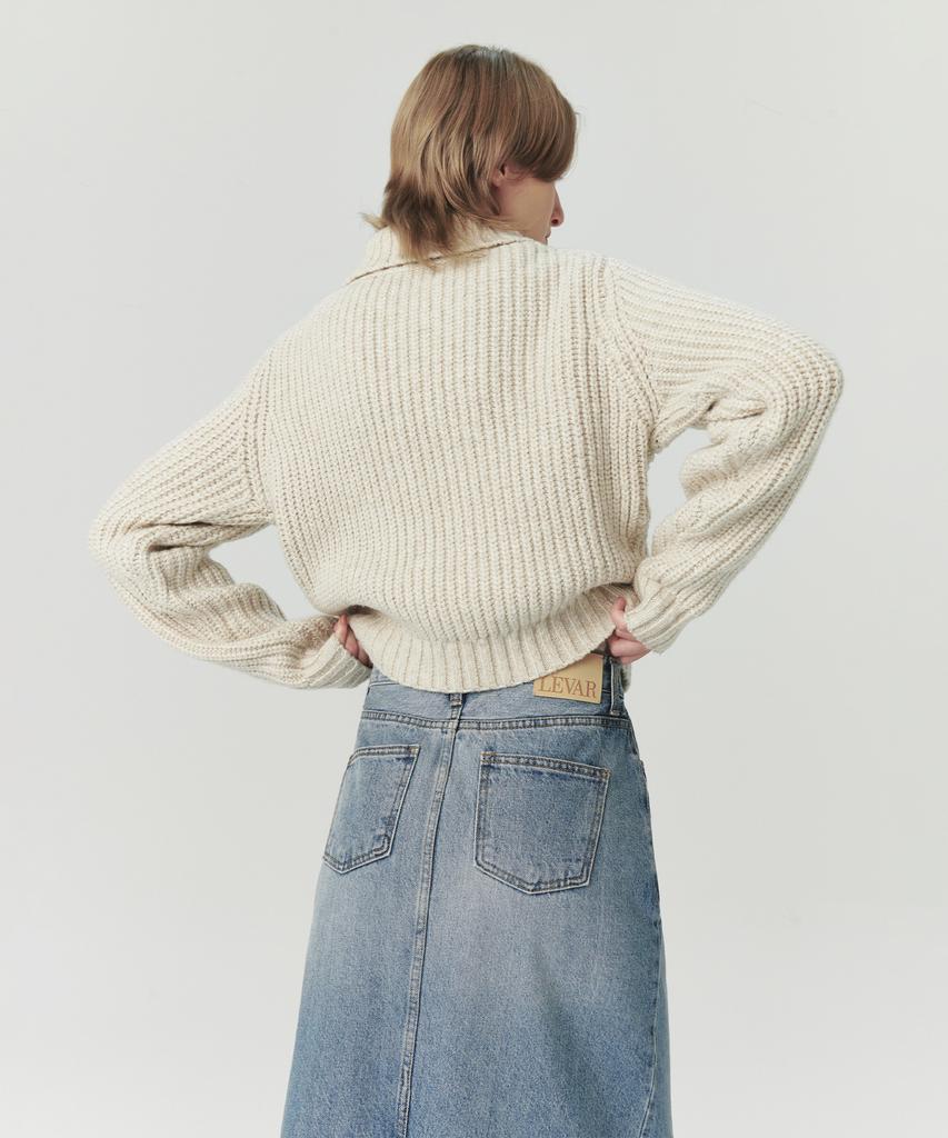 Leuba Rear-Slit Denim Long Skirt - Mid Blue