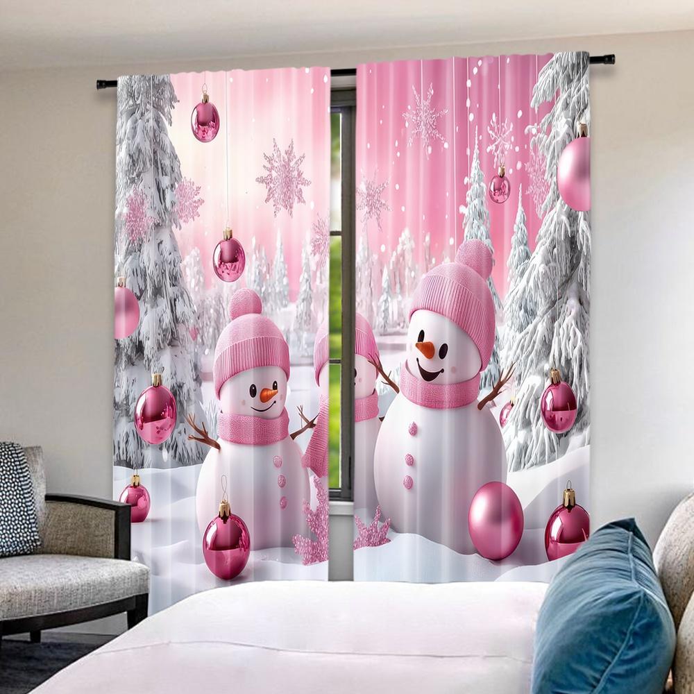 Set Of 2 Flat Printing Christmas Hot Party Curtains Pink Frosty Friends Digital Printed Polyester Drapes Decorations Use Made