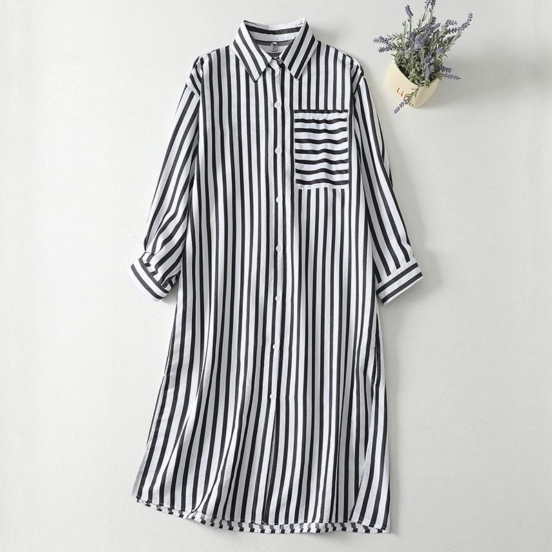 2026 Spring Striped Polo Collar Shirt Dress - Mid-Length, Loose Fit, Long Sleeve, Slimming, Versatile. L