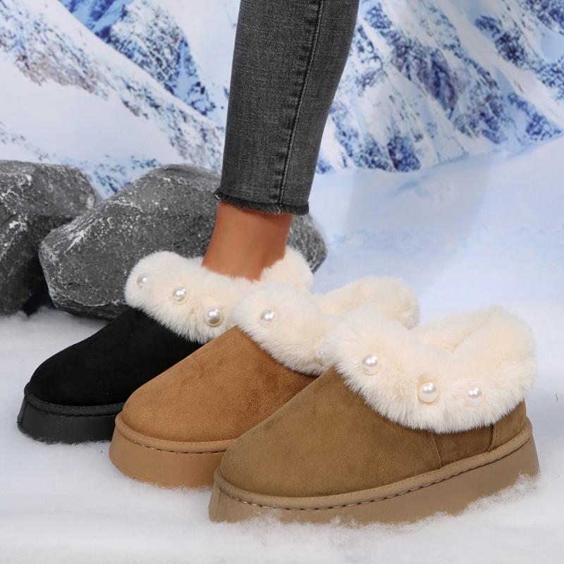 Non Slip Thick Bottom Furry Snow Boots Women 2025 Winter Chunky Platform Wedge Heel Plush Ankle Boots Fluffy Fur Pearl Shoes