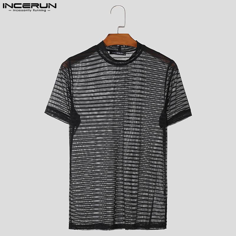 INCERUN Men Round Neck Mesh Striped T Shirts Summer Beach Party Short Sleeve See Through Tops 