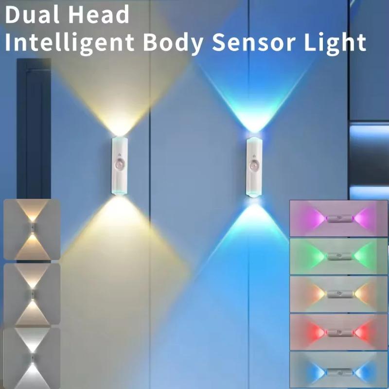 RGB Motion Sensor LED Night Light Double Head Rechargeable Magnetic Wall Lamp for Stair Hallway Cabinet Closet Wardrobe
