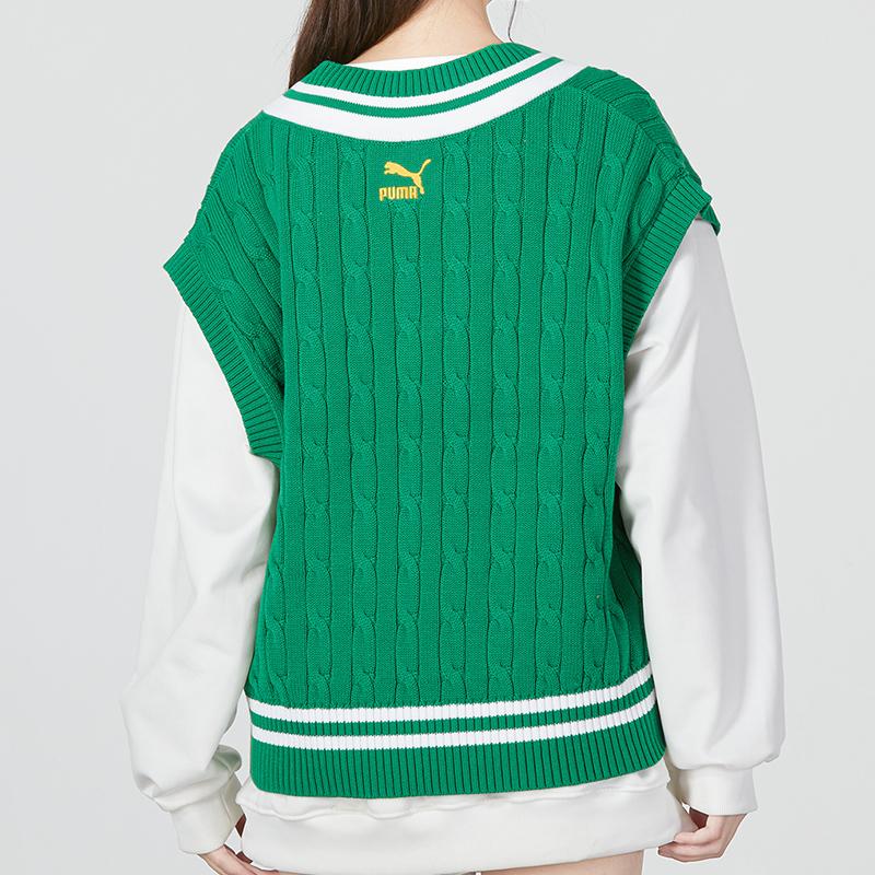 Puma Sweater Vest Striped Knit Women Tops Green 537969-86