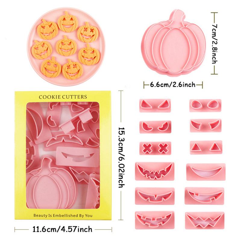 

1Box Cute Cookie Model Pink Plastic Cookie Cutters Halloween Theme Pumpkin Bat Ghost Witch Mold DIY Cake Baking Party Decoration