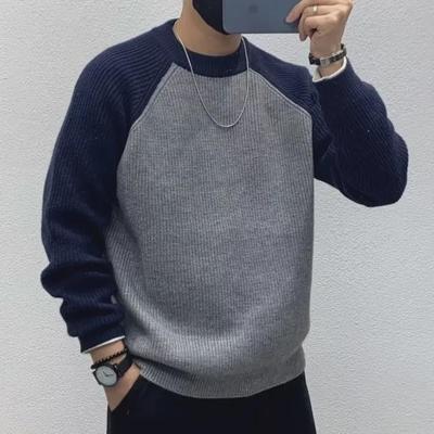 Men's Trendy Japanese-Style Contrast Color Thick Knit Sweater - Autumn/Winter Round Neck, Loose Long-Sleeved Top