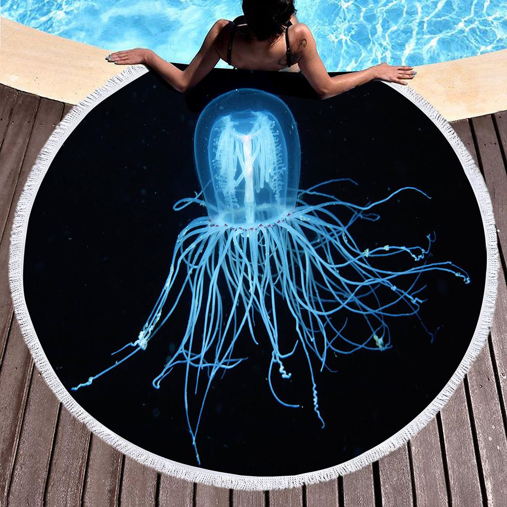 Jellyfish Round Beach Towel Microfiber Absorbent Quick Dry Sand Free Picnic Mat for Bathroom Pool Surf Travel Outdoor Meditation