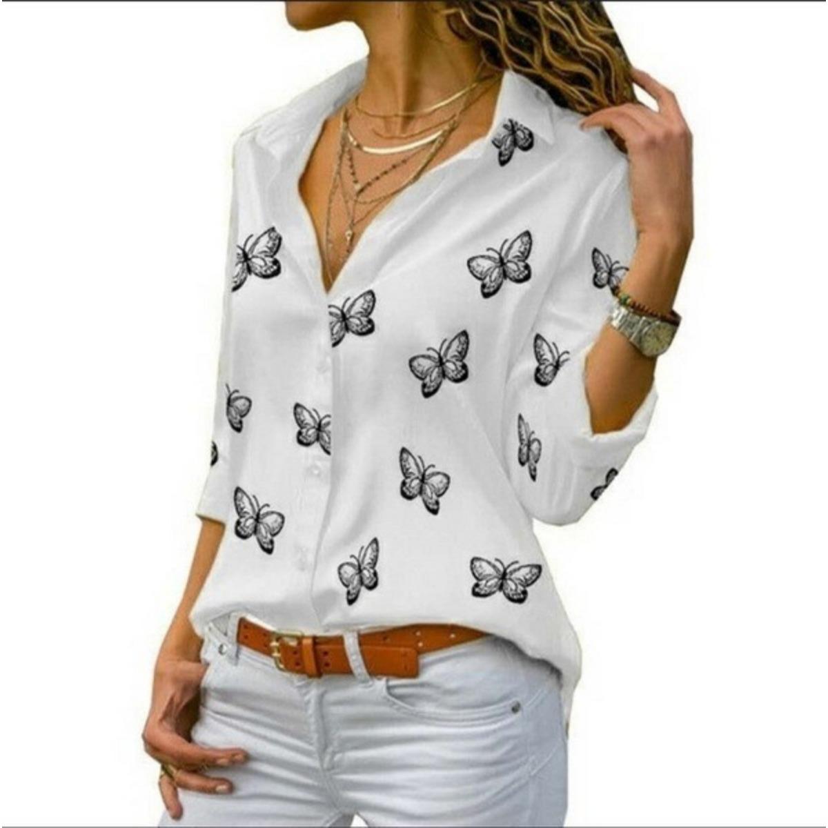 

Women s Loose Lapel Shirt with Multi-color Butterfly Print S белый
