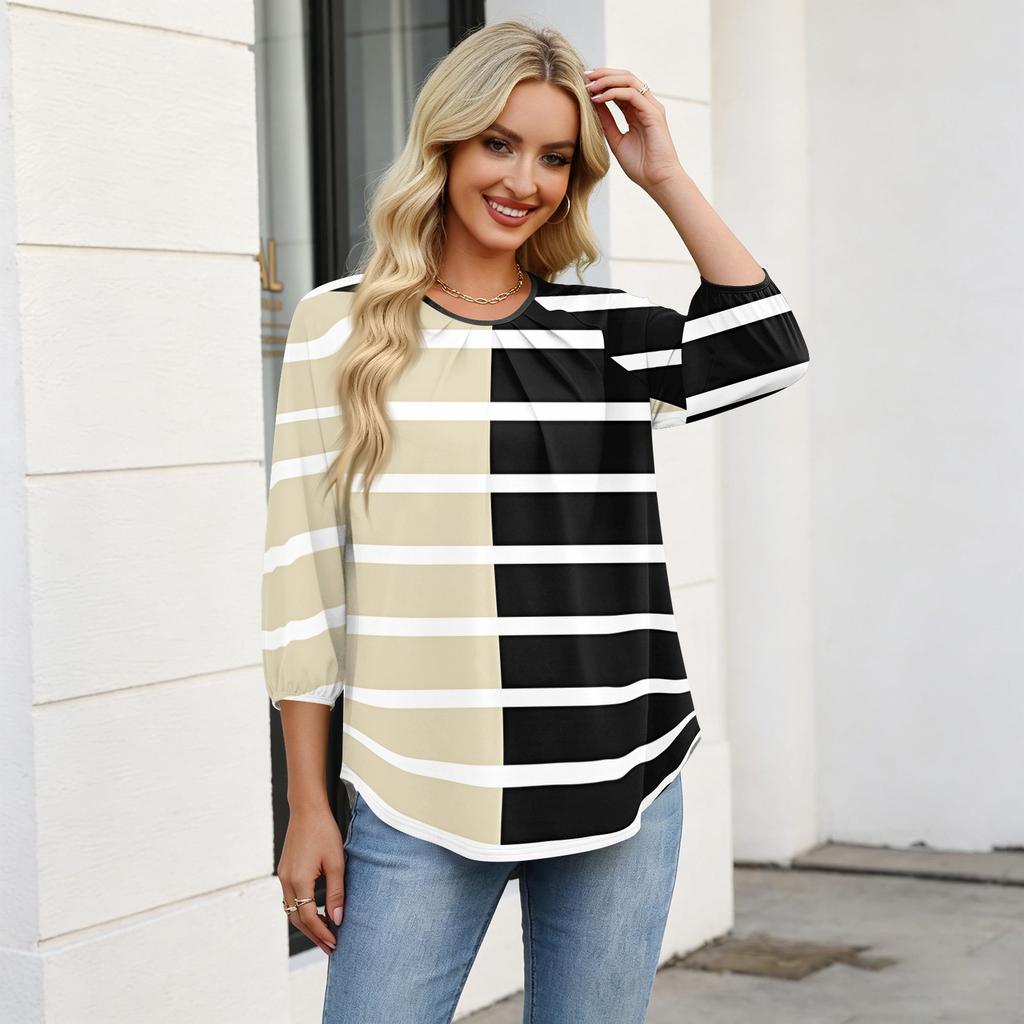 Women Geometric Print 3/4 Sleeve Round Neck Pleated Casual Loose Fit T-Shirt Top for Daily Wear