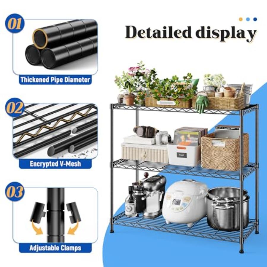 3- Shelf Metal Shelving Unit 35.6Wx14Dx36HAdjustable Storage Shelves Heavy Duty Garage Steel Shelving for Office Wire Rack Smal