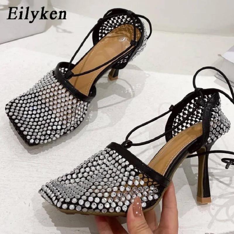 Fashion Eilyken Yellow Green Fashion Women High Heel Crystal Fishnet Pumps Square Toe Ankle Cross Tied Rhinestone Sandals  Shoes