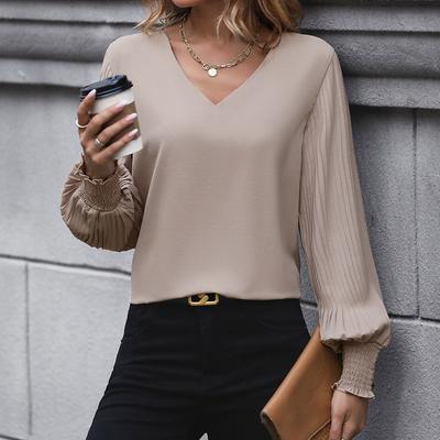 Women's Long Sleeve Solid Color V Neck Shirt Spring Autumn New Elegant Blouses for Women Vintage Tops