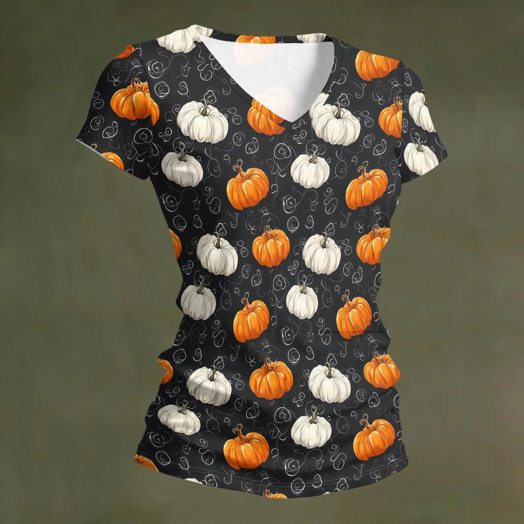 Women's V-Neck Halloween Print Lightweight Blouse for Spring and Summer