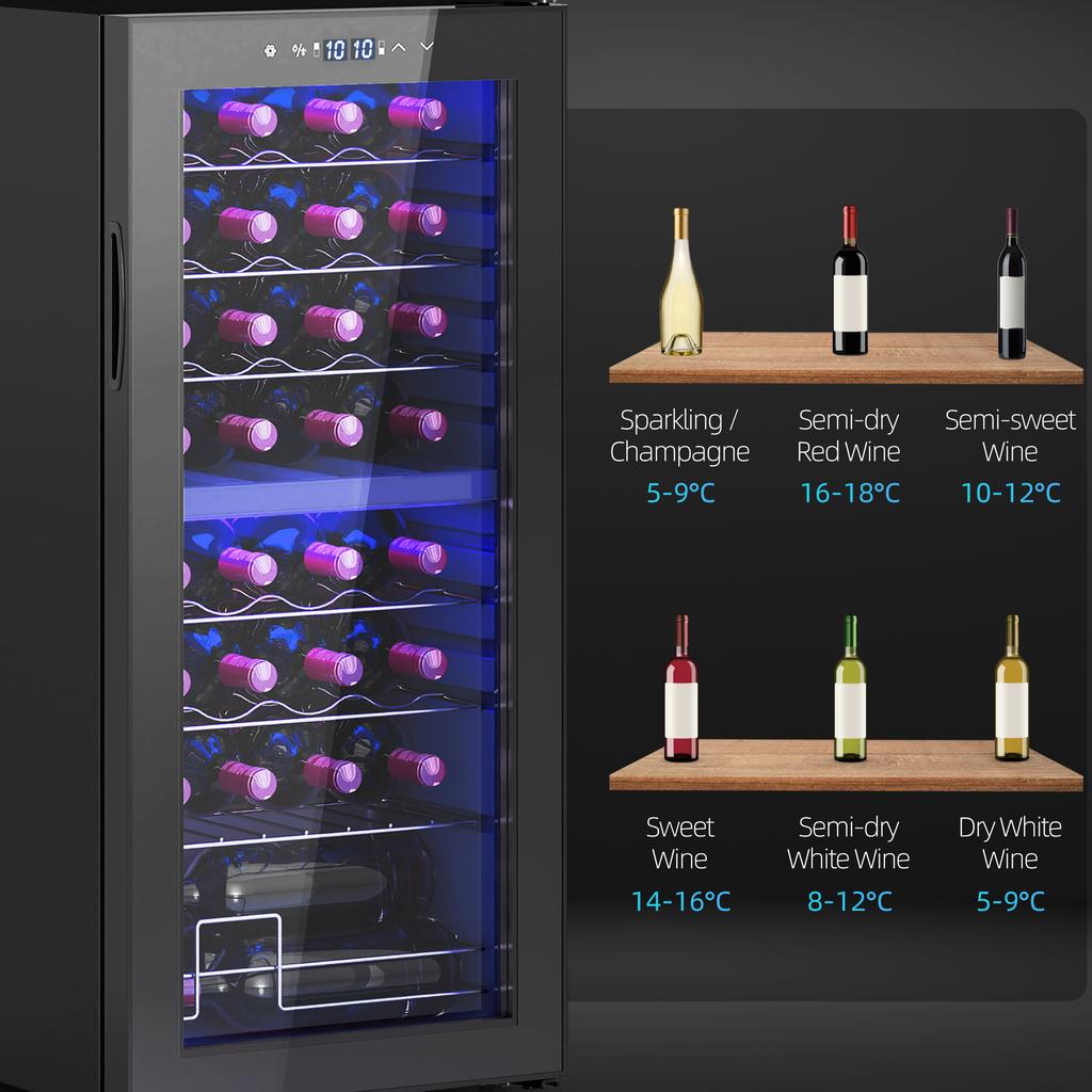 32-Bottle Narrow Wine Fridge, with Lights - Black