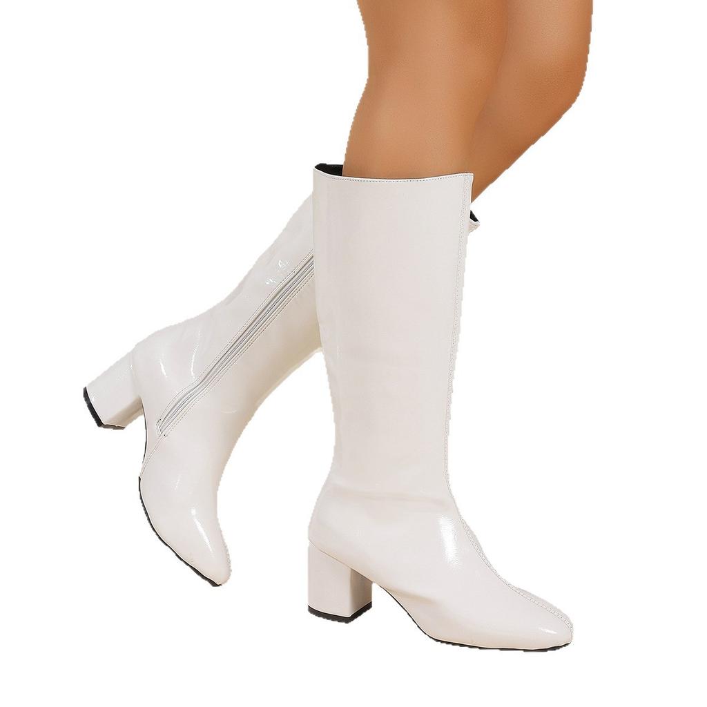 Autumn new European and American style sexy thick heel but knee boots patent leather square head large size high heel knight boots women