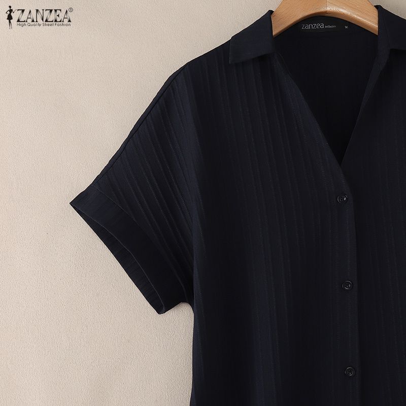 ZANZEA Vestido de camisa de manga curta de verão casual feminino com gola virada para baixo