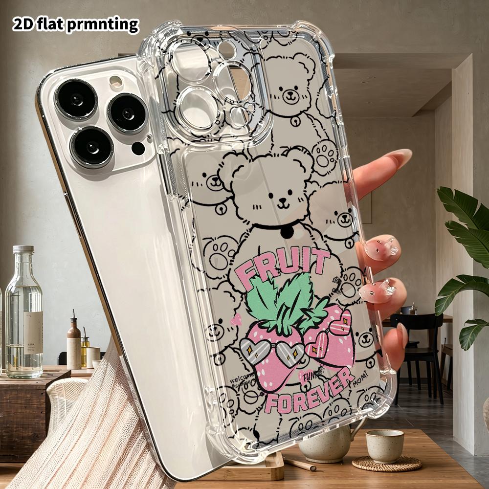 Phone Case: 2D Flat, Suitable for iPhone 18 17 16 15 14 13 Pro, Transparent Corner Protection Case, Cartoon Strawberries, Christmas and Halloween Gift