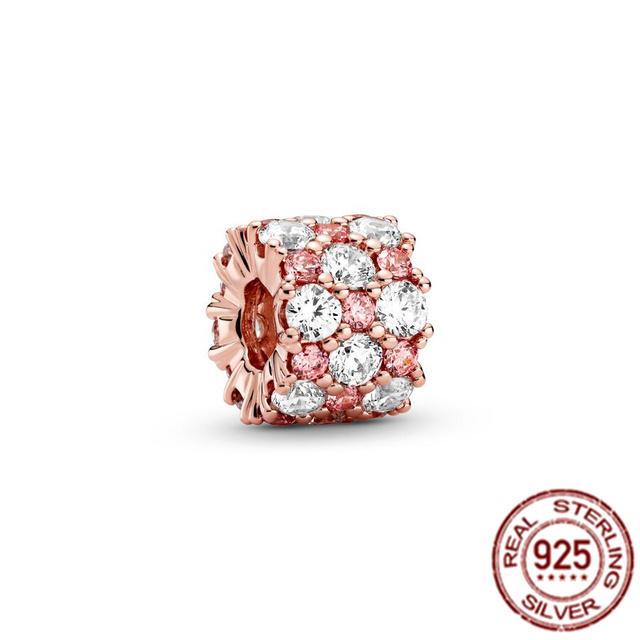 Rose Gold Sparkling Levelled Heart Beads Pink Air Balloon Charms 925 Sterling Silver Jewelry Fit Original Fasion Bracelet