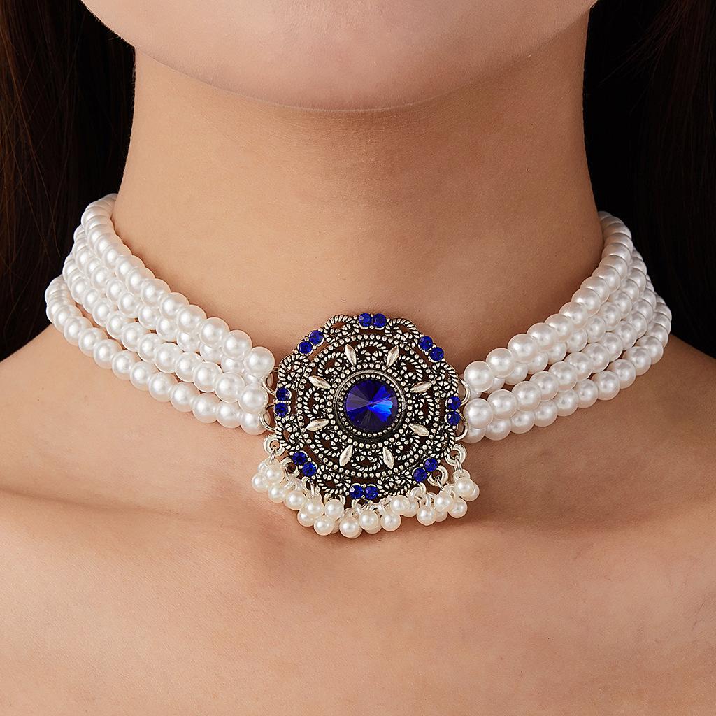 Crystal Rhinestone Pearl Necklace Vintage Court Style Multi - Layer Layered Choker for Women