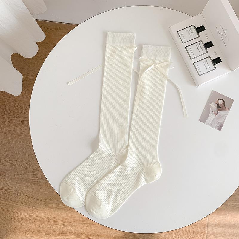 Ribbon Bow Socks Thin Calf Socks White Ballet Style Pile Socks Trendy Socks