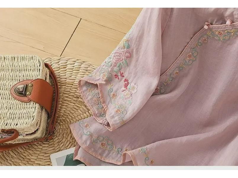 2024 Retro Style Women's Embroidered Cotton-Linen Shirt with Buttoned Lapel and Three-quarter Sleeves
