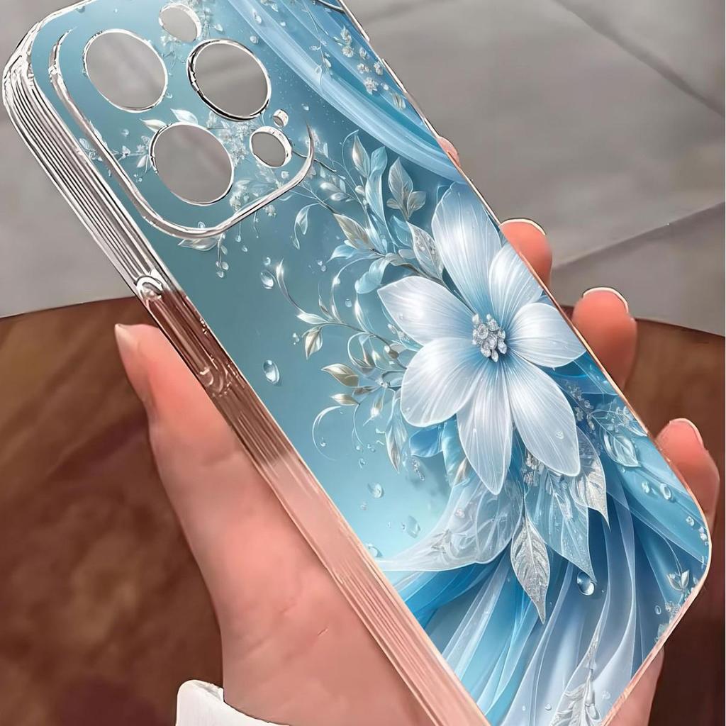 Przezroczyste etui z niebieskim kryształowym kwiatem, odporne na upadki, dla serii iPhone 14/15/16/17 Pro Max