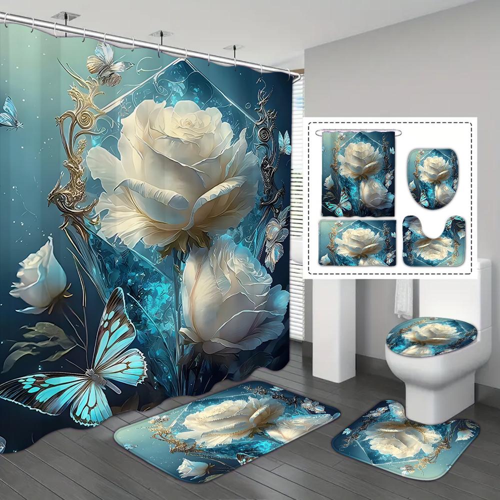 4-piece Set of Blue Fairy Flower Print 12 Hook Waterproof Shower Curtain, Bathroom Floor Mat, U-shaped Mat, Toilet O Cover Mat