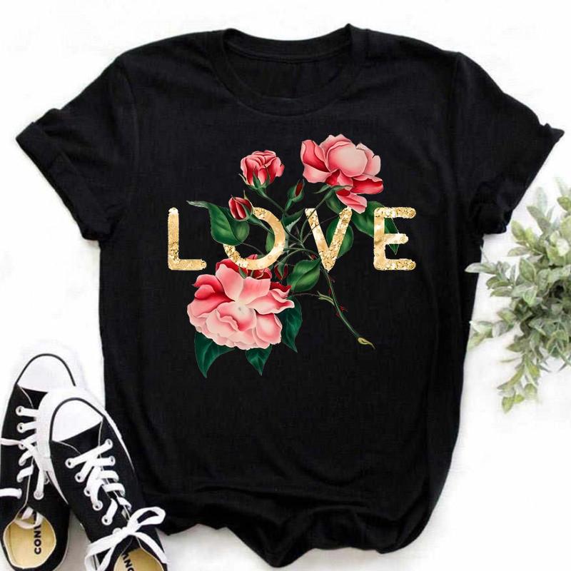 New Women T Shirt Gold Letter Love Print T Shirt Female Short Sleeve Tops Tee 90s Girls Black T-shirt Women Casual Tee Shirts